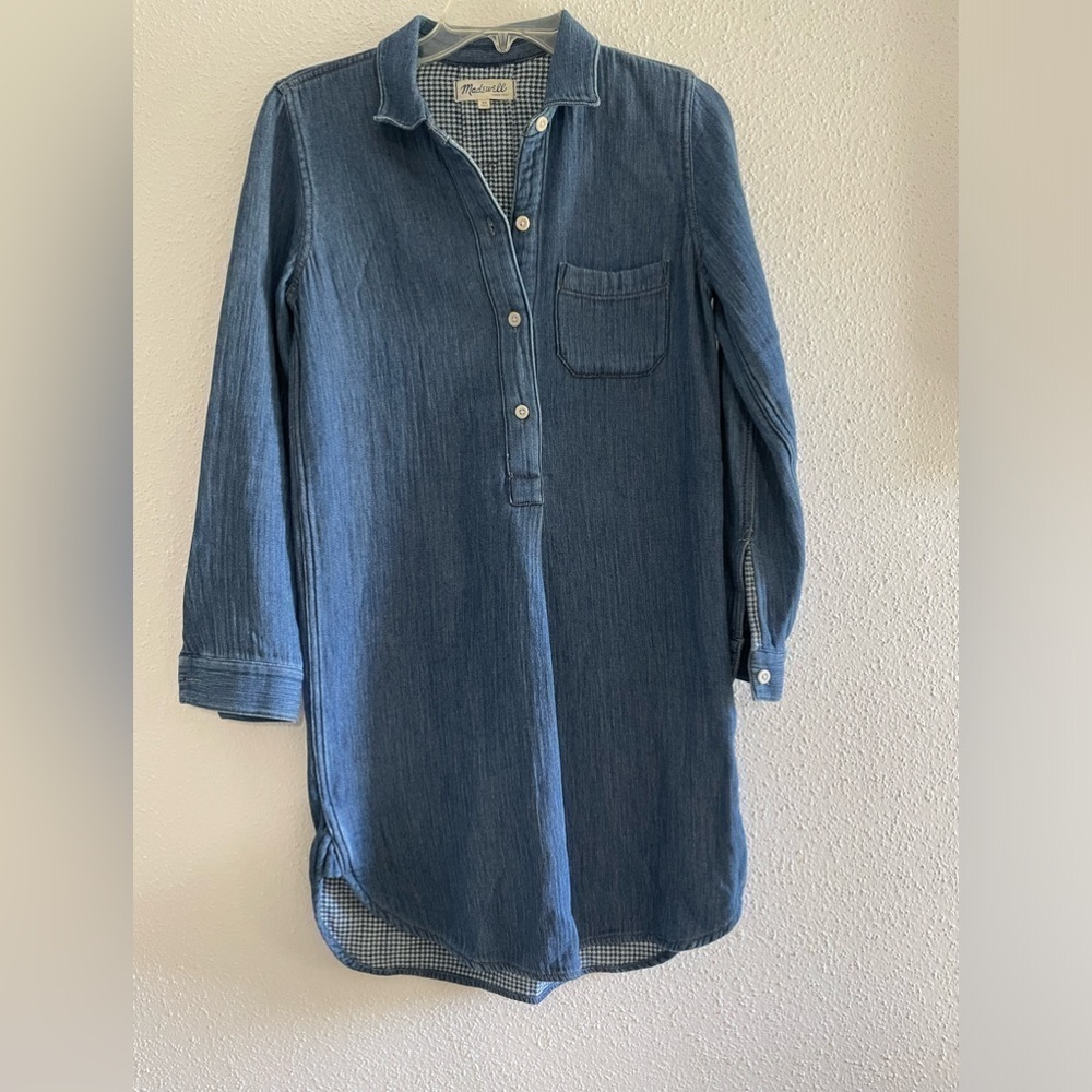 Madewell Sz XS Popover Shirt Dress Blue 100% Cotton Denim Look Casual